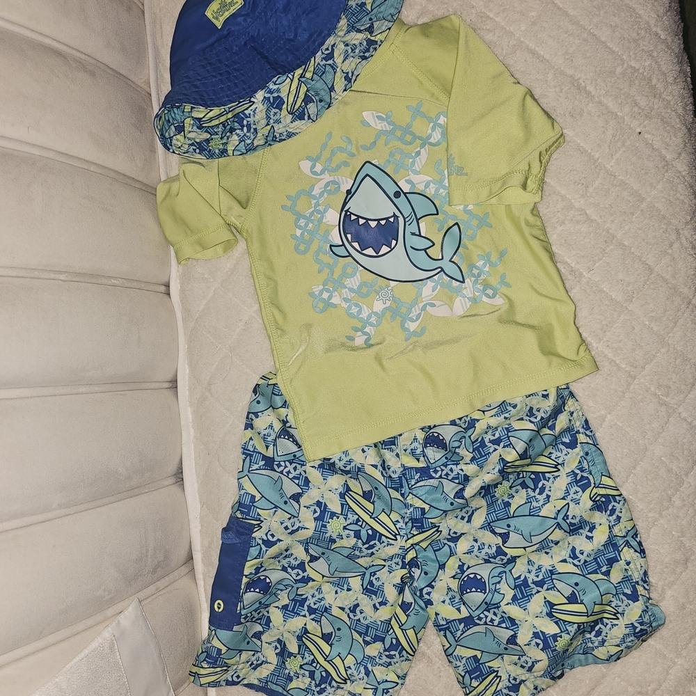 Kids Shark Print Rashguard Set - Neon Green and Blue - Picture 3 of 8
